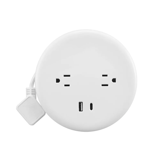 Retractable Cord Power Hub With Dual Outlets Compact White Power Station
