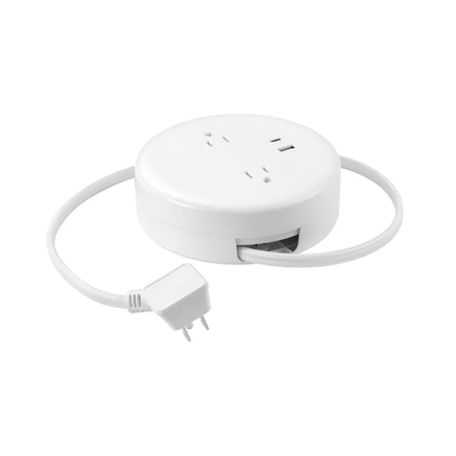 Retractable Cord Power Hub With Dual Outlets Compact White Power Station